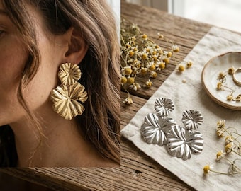 Silver and Gold Double Flower Drop Earrings - Mixed Metal Two Tone Floral Dangles, Textured Layered Crumpled Petal Earring