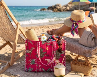 Fuchsia Pink Tropical Print Shopper - Quilted Cotton Beach Bag, Safari Jungle Zebra Leopard Handbag, Overnight Shoulder Bag Style