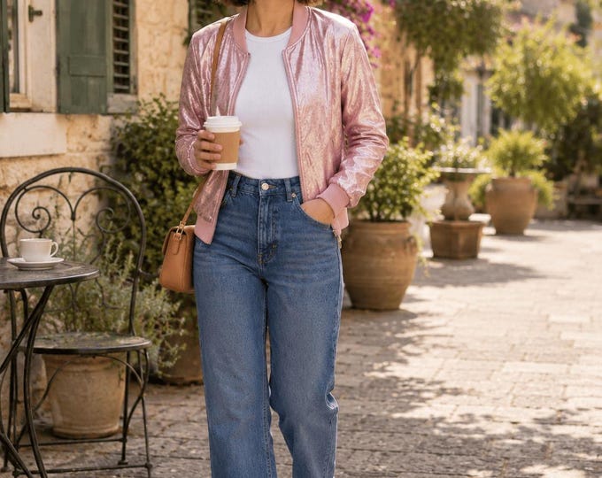 Featured listing image: Rose Gold Metallic Bomber Jacket Women Lightweight Zip Up Festival Jacket Casual Summer Fashion Outerwear Coat