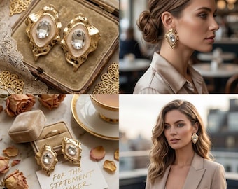 Gold Abstract Baroque Statement Earrings - Molten Ripple Oval Crystal Studs, Cream Enamel Gemstone Dangle look, Chunky Geometric Jewelry