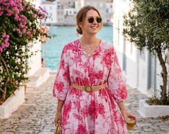 Fuchsia Pink Summer Cotton Dress - 100% Cotton Toile Mini Smock Dress, UK Tropical Print Tunic, S M L XL Vacation Resort Wear Day Dress