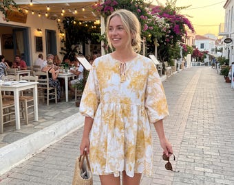 Yellow Tropical Print Summer Dress - Cotton Toile Mini Smock Dress, Yellow White Floral Tunic, Vacation Resort Wear Beach Coverup