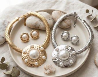 Chunky Round Pearl Collar Necklace Set - Gold Silver Hammered Choker Earrings, Baroque Pearl Cluster Torque,Statement Fashion Jewellery