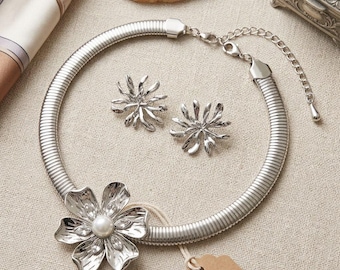 Gold Silver Flower Collar Necklace Set - Pearl Crystal Floral Choker Earrings, Textured Gas Pipe Torque, 18 Inch Statement Fashion Jewellery