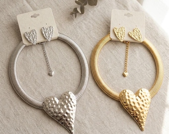 Chunky Hammered Heart Collar Necklace Set - Gold Silver Love Choker Earrings, Textured Gas Pipe Torque, 18 Inch Statement Fashion Jewellery