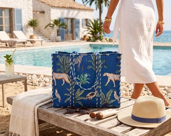 Royal Blue Tropical Print Tote Shopper - Quilted Cotton Beach Bag, Safari Jungle Zebra Leopard Handbag,  Overnight Shoulder Bag Style