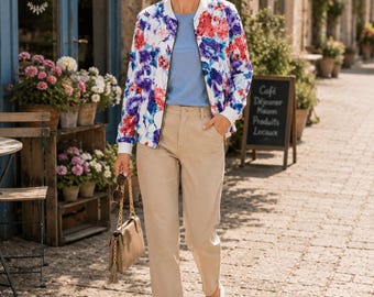 Colourful Floral Bomber Jacket Women Lightweight Flower Print Zip Up Jacket Casual Summer Fashion Outerwear