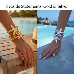 May include: A gold-toned bracelet featuring two starfish motifs and a silver-toned bracelet featuring two starfish motifs, both with textured surfaces. The text Seaside Statements: Gold or Silver is displayed above the two side-by-side images.