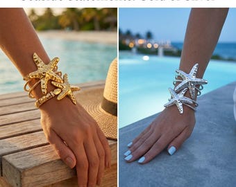 Gold Silver Starfish Cuff Bracelet - Hammered Metal Ocean Bangle, Oversized Beach Sea Wristband, Bold Open Torque Holiday Fashion Jewellery