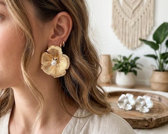 Gold Silver Ribbed Flower Statement Earrings - Textured Metallic Petal Studs, Chunky Floral Pearl Center Earring,  Fashion Jewellery Style