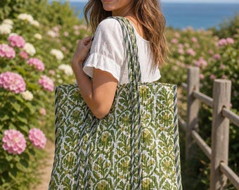 Green Abstract Floral Print Tote Shopper - Quilted Cotton Beach Bag, Block Print Shoulder Handbag, Large Travel Market Overnight Bag Style
