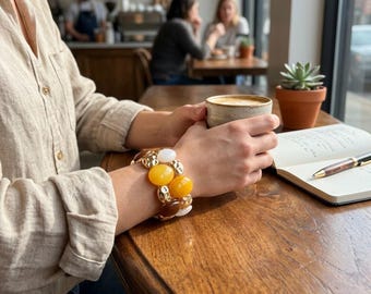 Chunky Multi Colour Resin Stone Stretch Cuff Bracelet - Bold Autumn Tones Bangle, Mustard Amber Marble Bead Wristband, Wide Fashion Jewelry