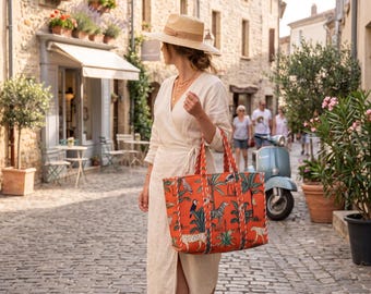 Orange Tropical Print Tote Shopper - Quilted Cotton Beach Bag, Safari Jungle Zebra Leopard Handbag, Overnight Shoulder Bag Style