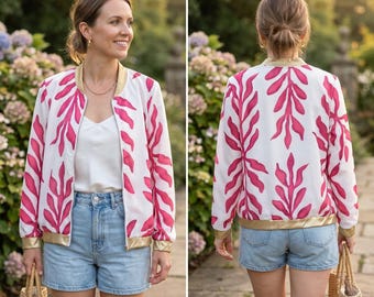 Pink Tropical Leaf Bomber Jacket Women Lightweight Floral Zip Up Jacket Summer Holiday Casual Fashion Outerwear
