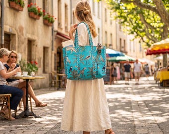 Aqua Blue Tropical Print Tote Shopper - Quilted Cotton Beach Bag, Safari Jungle Zebra Leopard Handbag, Overnight Shoulder Bag Style