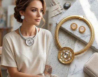 Chunky Silver Gold Gas Pipe Collar Necklace Set — Premium Bold Pearl Statement Choker & Earrings, Bold Silver Gold Fashion Jewelry Style
