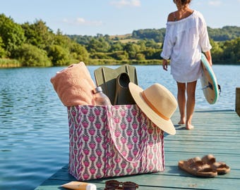 Pink and White Flower Print Tote Shopper - Quilted Cotton Beach Bag, Fuchsia Lotus Block Print Handbag, Overnight Shoulder Bag Style