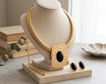 Chunky Black Onyx Collar Necklace Set - Gold Silver Hammered Choker Earrings, Textured Gas Pipe Torque, 18 Inch Statement Fashion Jewellery