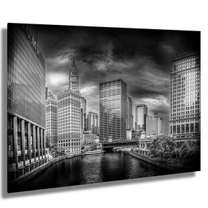 Chicago skyline black and white Wrigley Building over river from Wabash Avenue bridge fine art photograph on canvas acrylic paper metal