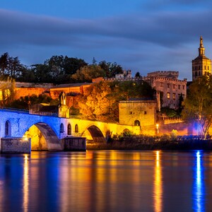 Avignon skyline Popes Palace night view from Rhone River fine art print canvas acrylic metal and paper gift for Francophiles