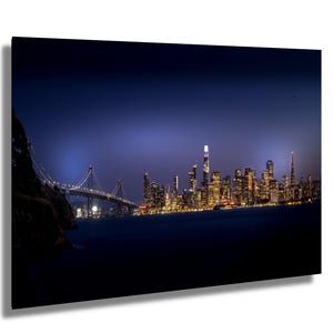 San Francisco Skyline at night with Bay Bridge fine art print on paper, canvas, acrylic, metal