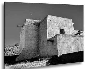 Santa Fe New Mexico Historic Adobe Church Trampas black and white