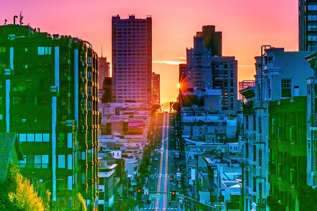 California Henge Sun Rising Over Bay Bridge on California Street San