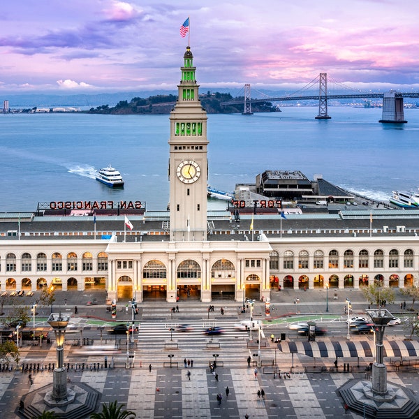 San Francisco Ferry Building Embarcadero sunrise sunset view Bay Bridge San Francisco Bay fine art photographic print canvas metal acrylic