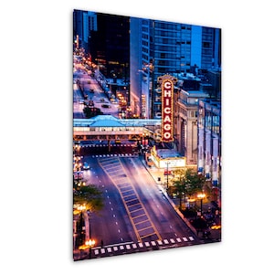 Chicago Theater Neon sign at night on State Street aerial view fine art photograph on paper canvas metal acrylic in sizes 8 x 10 to 40 x 90"