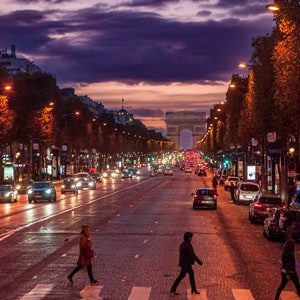Champs Elysees and Arc de Triomphe at night; photograph on canvas, metal, acrylic, and glossy paper