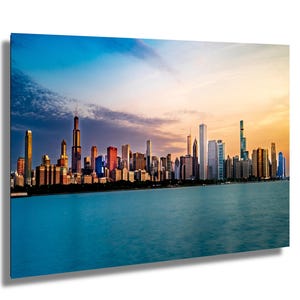 Chicago skyline at dawn from across lake at Adler Planetarium fine art photo on paper canvas acrylic metal gift for Chicago-lovers