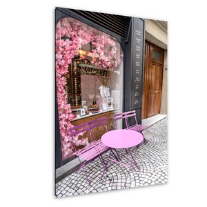 Fotografia artistica di Pink Paris Patisserie, tavoli da panetteria di fronte alla panetteria a Parigi su tela, carta, metallo, acrilico, regalo, stile pastello boho
