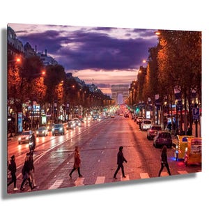 Champs Elysees and Arc de Triomphe at night; photograph on canvas, metal, acrylic, and glossy paper