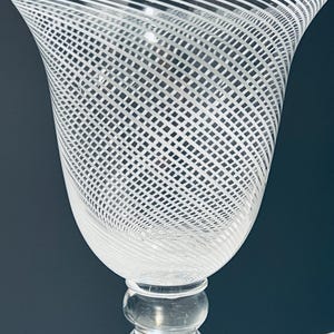 Murano Style Art Glass Vase: White Swirl Lattice, Mid Century Modern