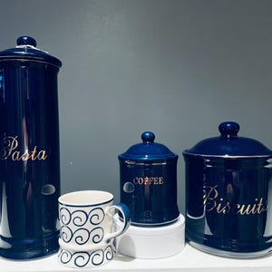 Vintage English Kitchen Canister Set | Pasta, Biscuits, Coffee | Cobalt Blue Gold Script | SSI 1995 | Ceramic Storage + Free Whittard Mug