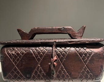 Vintage African Carved Wooden Box Tribal Geometric Storage Folk Art Decor