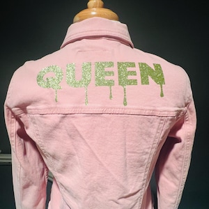 Upcycled Pink Denim Jacket | Glitter QUEEN Lettering | Size M | One-of-a-Kind Statement Piece