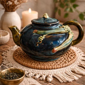 Vintage Majolica Teapot: Blue-Green Glazed Ceramic Pottery with Raised Ivy