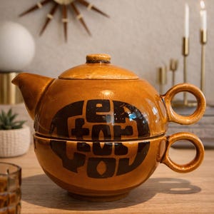 1970s Japanese Stacking Teapot Set: Mod Brown Ceramic Tea For One