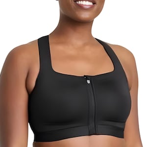 Puede incluir: Sujetador deportivo negro con escote cuadrado y cierre de cremallera frontal. El sujetador tiene tirantes anchos y un dise&ntilde;o liso. La imagen muestra un primer plano, destacando la est&eacute;tica elegante y moderna del sujetador.