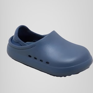 May include: A single, solid blue clog-style shoe. The shoe has a rounded toe, a low profile, and a small heel. There are four small ventilation holes on the side. The back of the shoe has a fabric loop for easy wear.