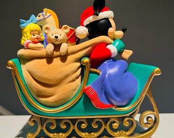 Vintage Mickey Mouse Christmas Sleigh Figurine • Disney Parks Holiday Decor • 8” Santa Mickey Collectible