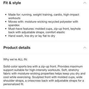 Puede incluir: Detalles del producto para un sujetador deportivo de color liso con cremallera frontal. Incluye copas moldeadas, tirantes ajustables y tejido que absorbe la humedad. Dise&ntilde;ado para entrenamientos de alta intensidad, ofrece m&aacute;xima sujeci&oacute;n y un ajuste personalizado.