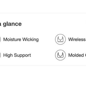 Puede incluir: Imagen con el texto "At a glance" y cuatro caracter&iacute;sticas: Absorci&oacute;n de humedad, Alto soporte, Inal&aacute;mbrico y Copas moldeadas. Cada caracter&iacute;stica va acompa&ntilde;ada de un peque&ntilde;o icono.