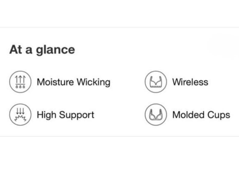 Puede incluir: Imagen con el texto "At a glance" y cuatro caracter&iacute;sticas: Absorci&oacute;n de humedad, Alto soporte, Inal&aacute;mbrico y Copas moldeadas. Cada caracter&iacute;stica va acompa&ntilde;ada de un peque&ntilde;o icono.