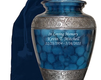 Blue Human Funeral Cremation Urn, Urns For Human Ashes, Large Blue and Silver Urn With Personalization and Velvet Bag- Multiple Sizes