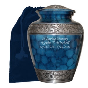 Blue Human Funeral Cremation Urn, Urns For Human Ashes, Large Blue and Silver Urn With Personalization and Velvet Bag- Multiple Sizes