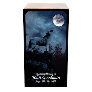 Wolf Cremation Urn, Customized Howling Winter Wolf Adult Solid Wood Funeral Cremation Urn with Personalization