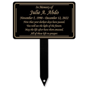 Memorial Plaque With Stake, Metal Grave Marker, Long Lasting Remembrance Plaque, Black and Gold Personalized Outdoor, Indoor Memorial Plate