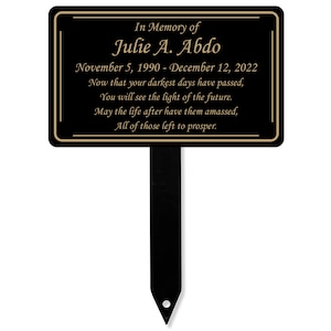 Memorial Plaque With Stake, Metal Grave Marker, Long Lasting Remembrance Plaque, Black and Gold Personalized Outdoor, Indoor Memorial Plate